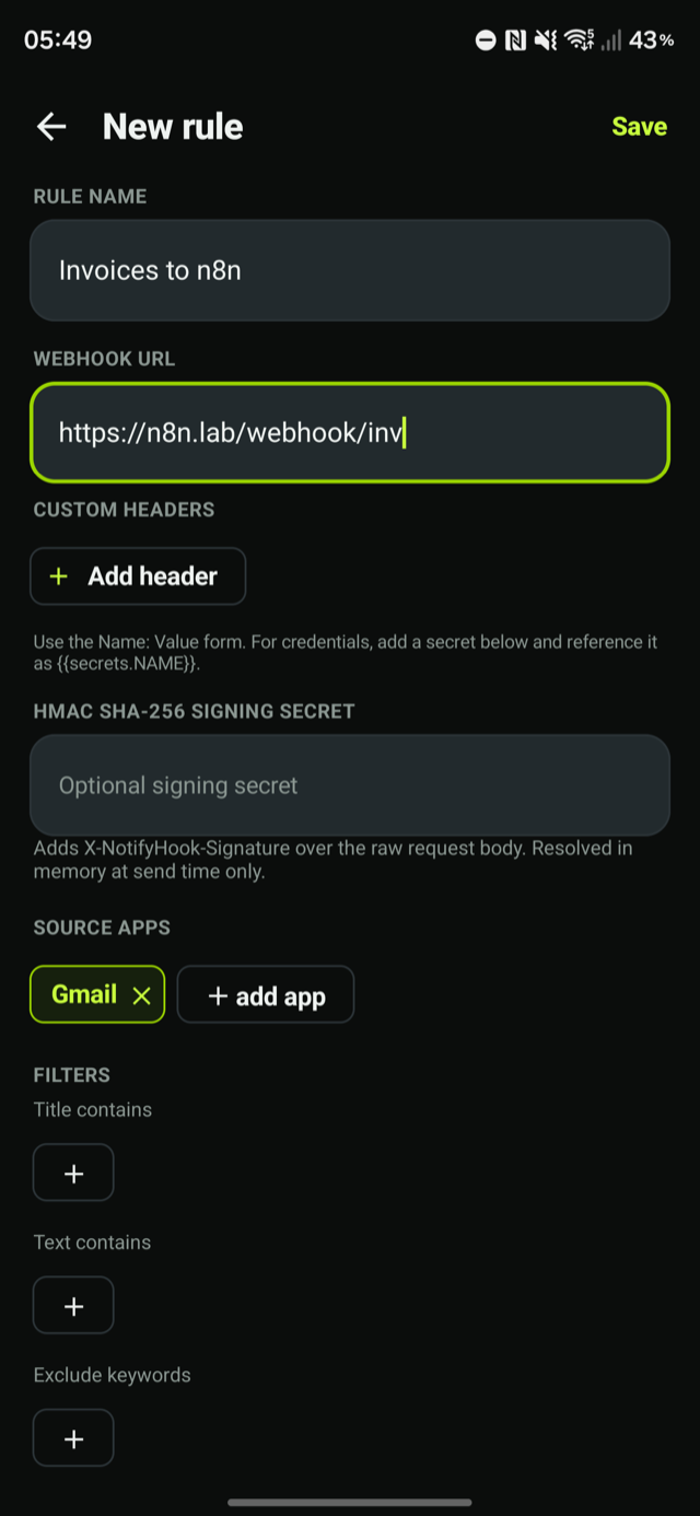 Creating a rule: name, webhook URL, source app, custom headers and HMAC signing