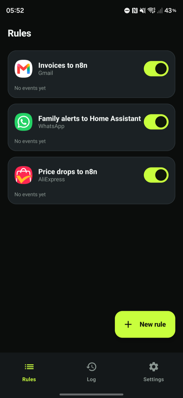 NotifyHook rules list: three active forwarding rules for Gmail, WhatsApp and AliExpress