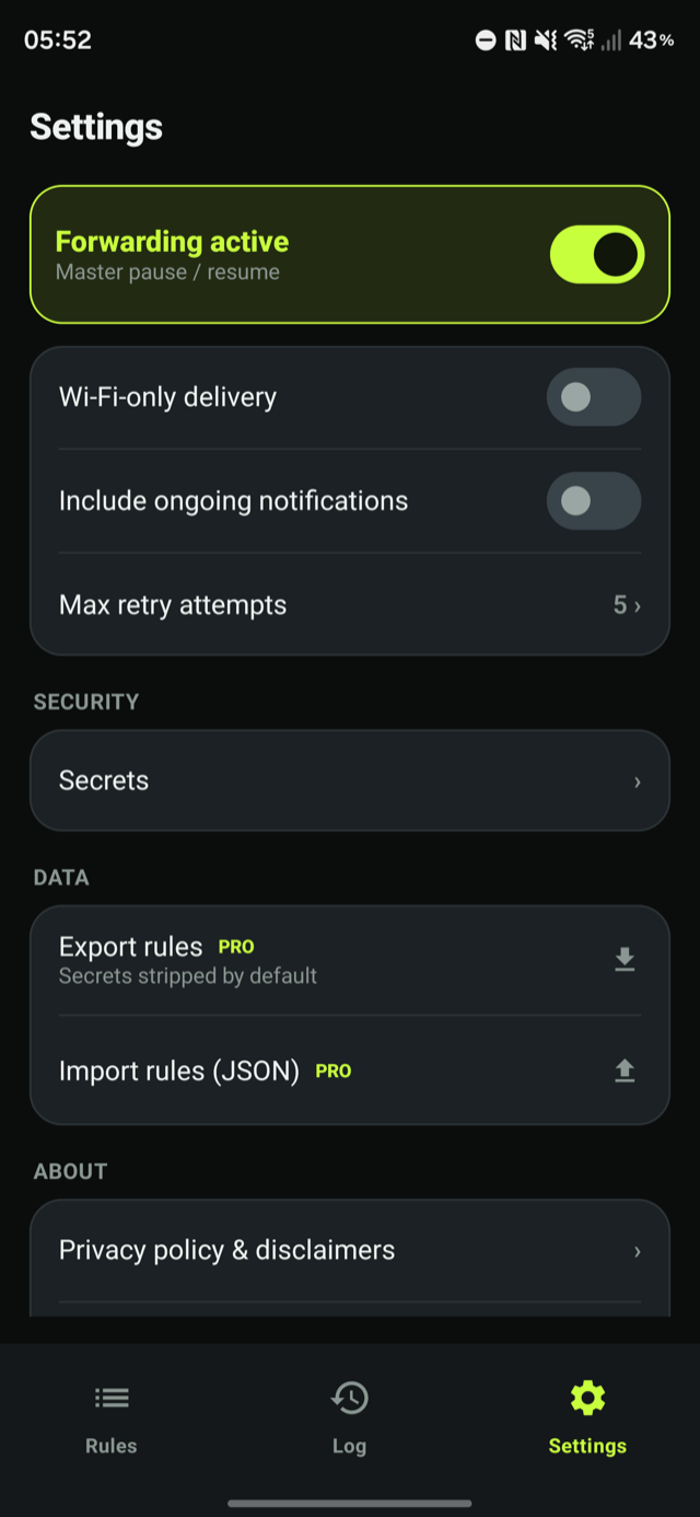 NotifyHook settings: forwarding, delivery and data options